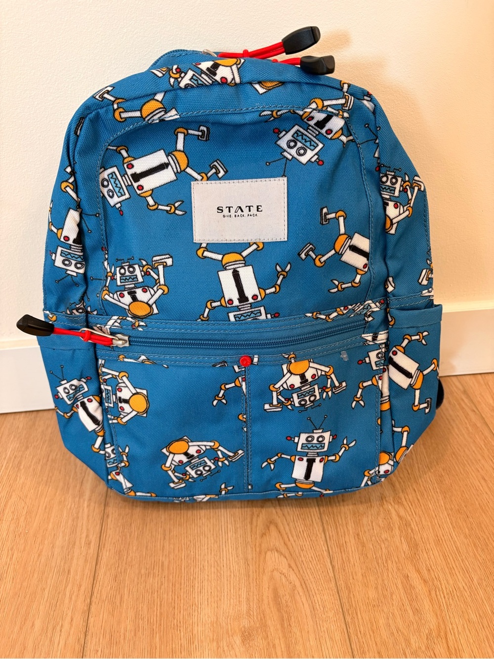 STATE Kids Teal Robot Print Backpack with Orange Accents